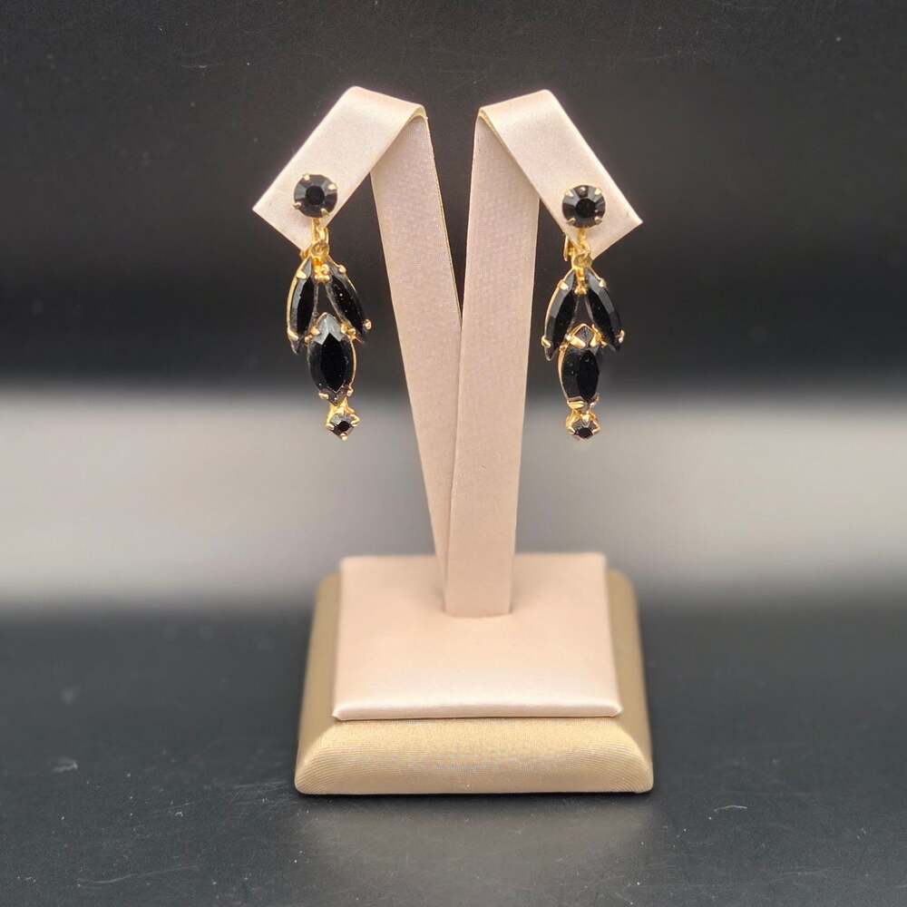 Vintage Black Onyx Marquise Cut Gold Tone Dangle Earrings